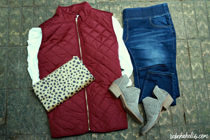 leopard, leopard clutch, brown booties, quilted vest, old navy