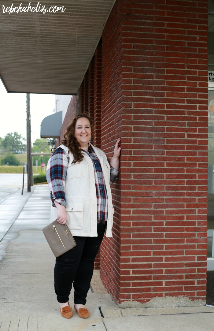 plaid shirt, utility vest, fall outfit, ootd, downtown