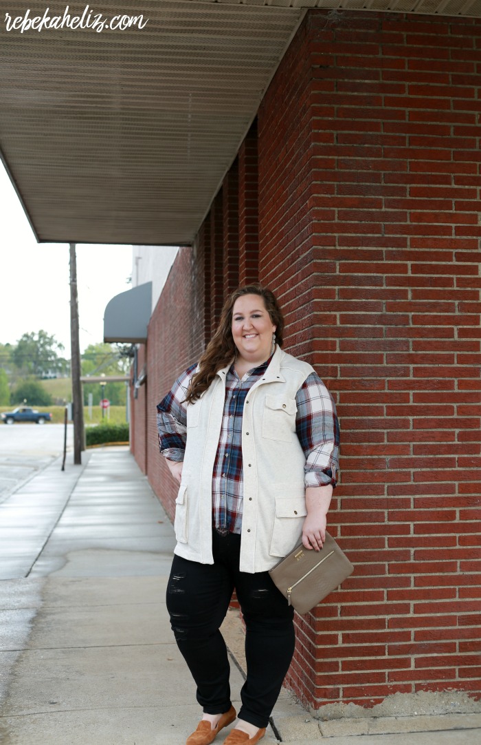 plaid shirt, utility vest, fall outfit, ootd, downtown