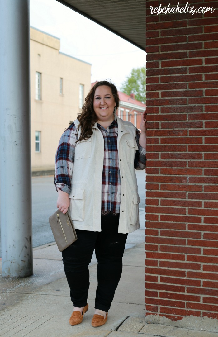 plaid shirt, utility vest, fall outfit, ootd, downtown