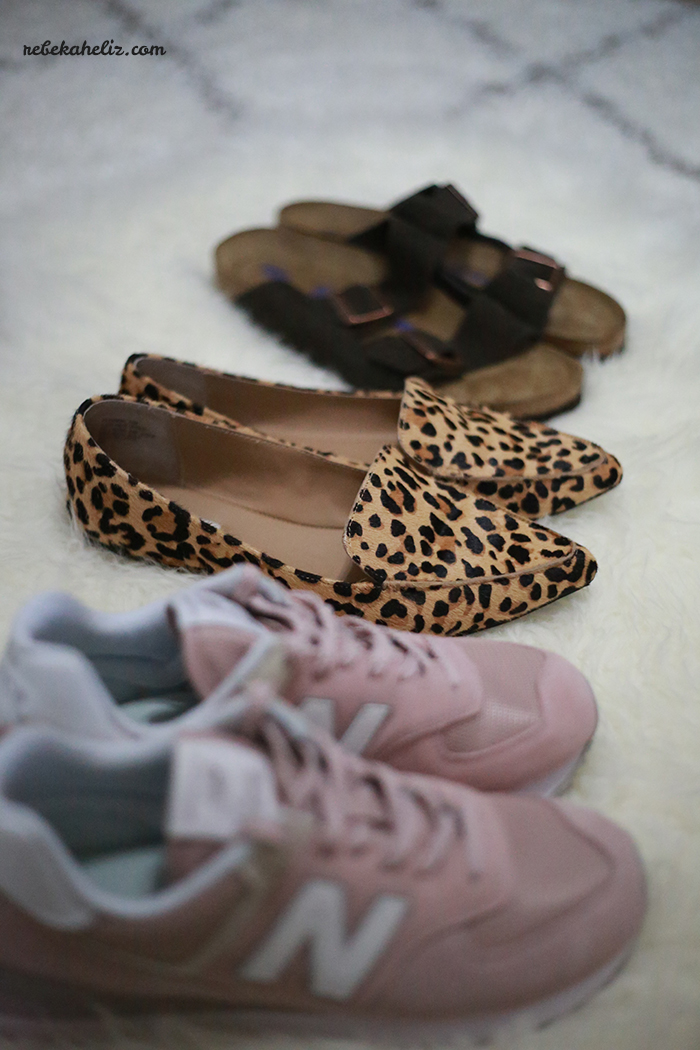 shoes, spring shoes, leopard flats, blush new balance 574, new balance 574, blush tennis shoes, birkenstocks, birkenstock arizona
