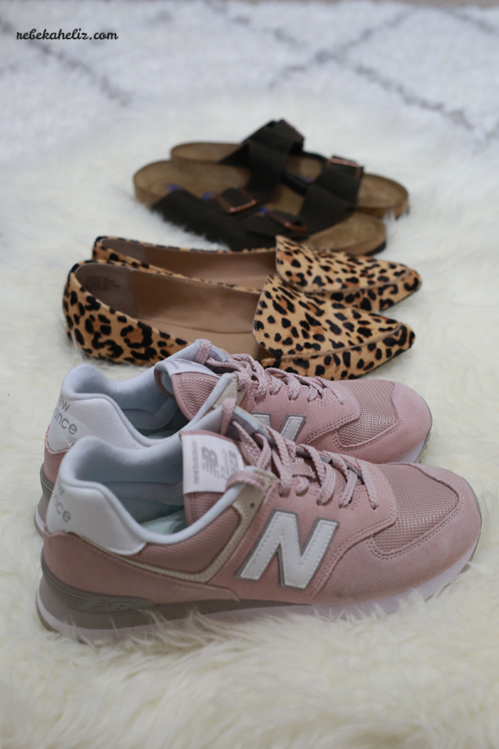 shoes, spring shoes, leopard flats, blush new balance 574, new balance 574, blush tennis shoes, birkenstocks, birkenstock arizona