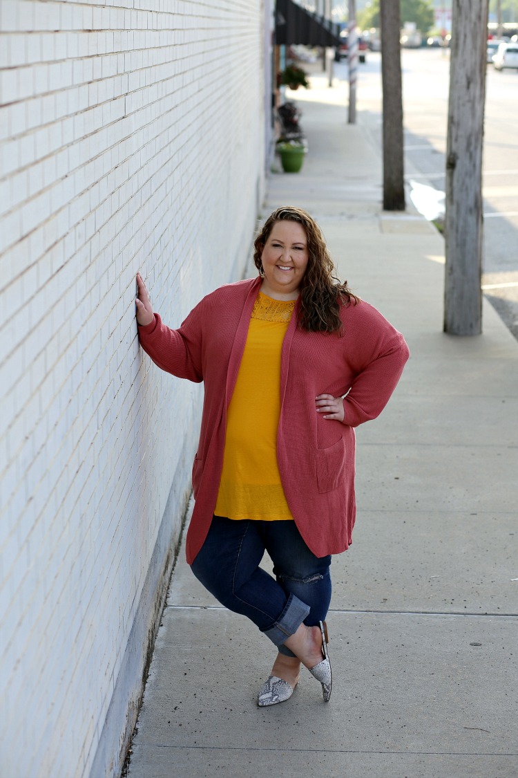 cardigan, fall cardigan, yellow, orange, curvy style, fall style, naturally curly hair, plus size fashion, plus size style, arkansas, #rebekahelizstyle, snakeskin print mules, mules, snakeskin