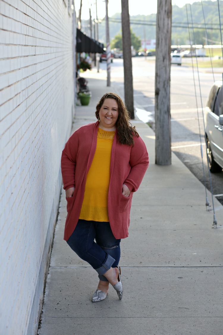 cardigan, fall cardigan, yellow, orange, curvy style, fall style, naturally curly hair, plus size fashion, plus size style, arkansas, #rebekahelizstyle, snakeskin print mules, mules, snakeskin