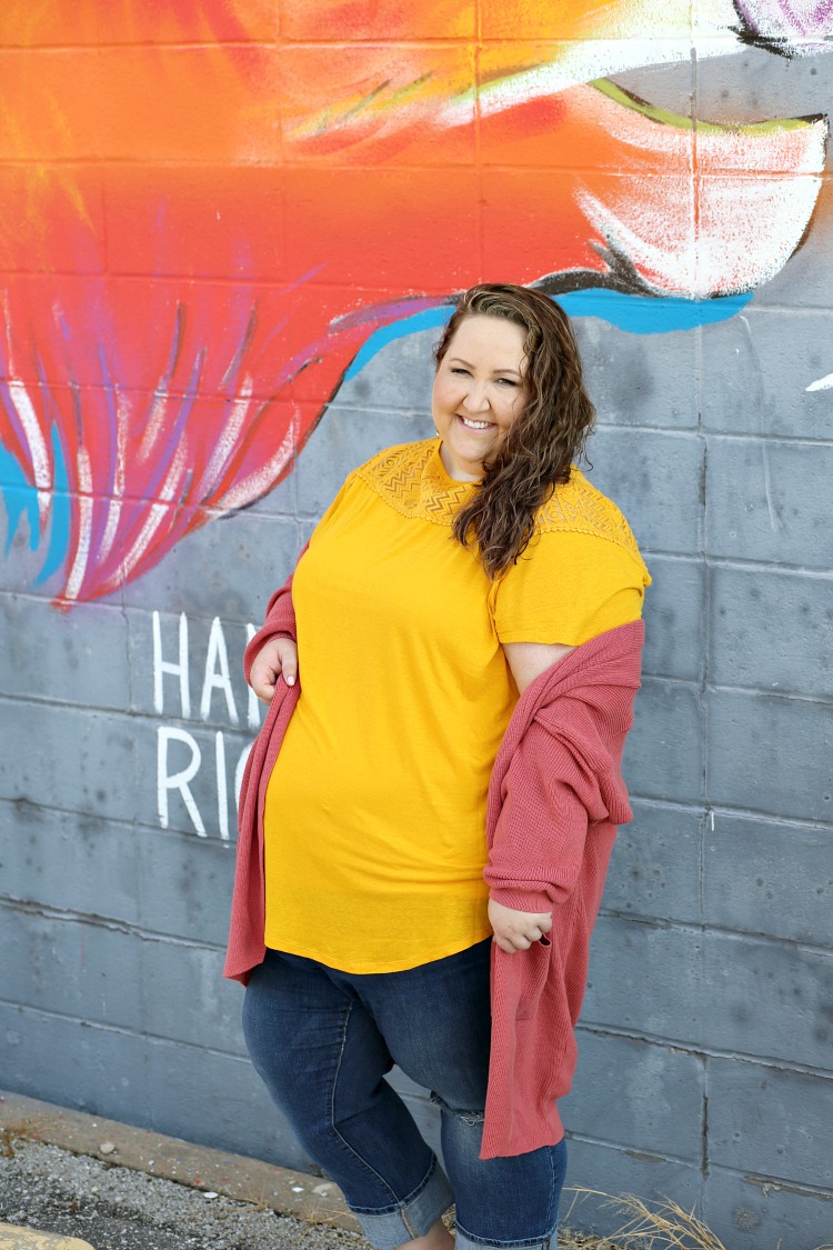 cardigan, fall cardigan, yellow, orange, curvy style, fall style, naturally curly hair, plus size fashion, plus size style, arkansas, #rebekahelizstyle