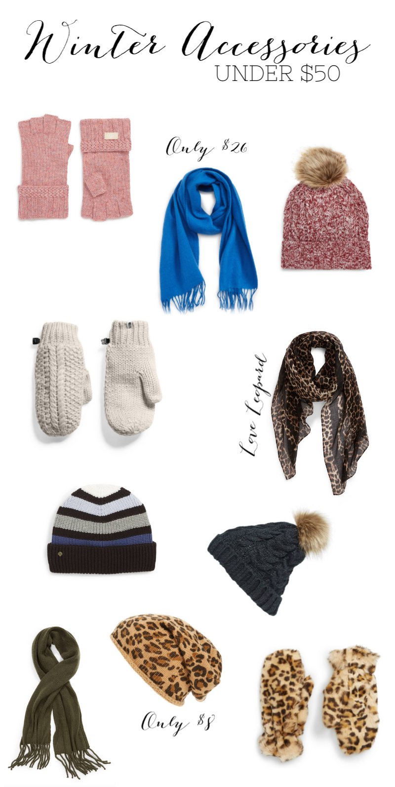 winter, winter accessories, leopard, scarf, mittens, gloves, beanie, pom pom beanie, winter accessories under $50, winter sale