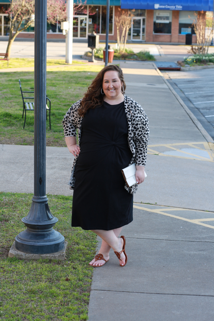 lbd, little black dress, leopard, leopard cardigan, Tory Burch, Uncommon James, spring, spring style, curvy style, plus size fashion, #rebekahelizstyle