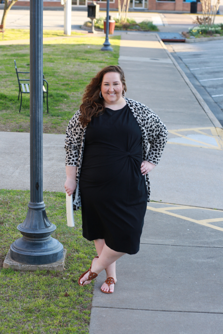 lbd, little black dress, leopard, leopard cardigan, Tory Burch, Uncommon James, spring, spring style, curvy style, plus size fashion, #rebekahelizstyle