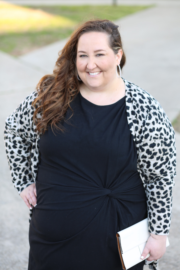 lbd, little black dress, leopard, leopard cardigan, Tory Burch, Uncommon James, spring, spring style, curvy style, plus size fashion, #rebekahelizstyle