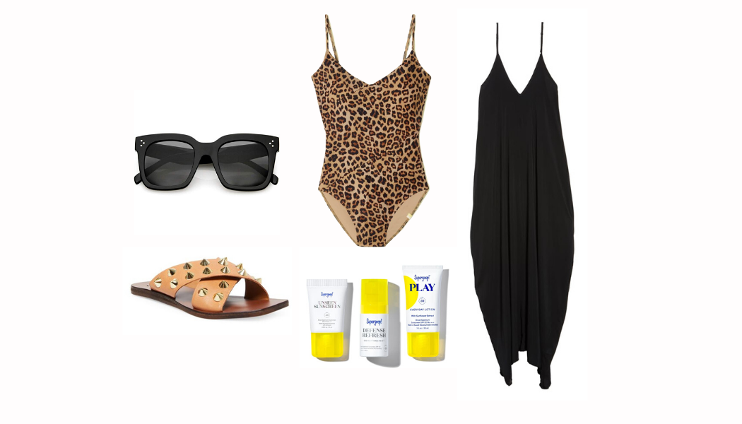 leopard swimsuit, plus size leopard swimsuit, studded sandals, Celine dupe sunglasses, supergoop, coverup, beach outfit, pool outfit