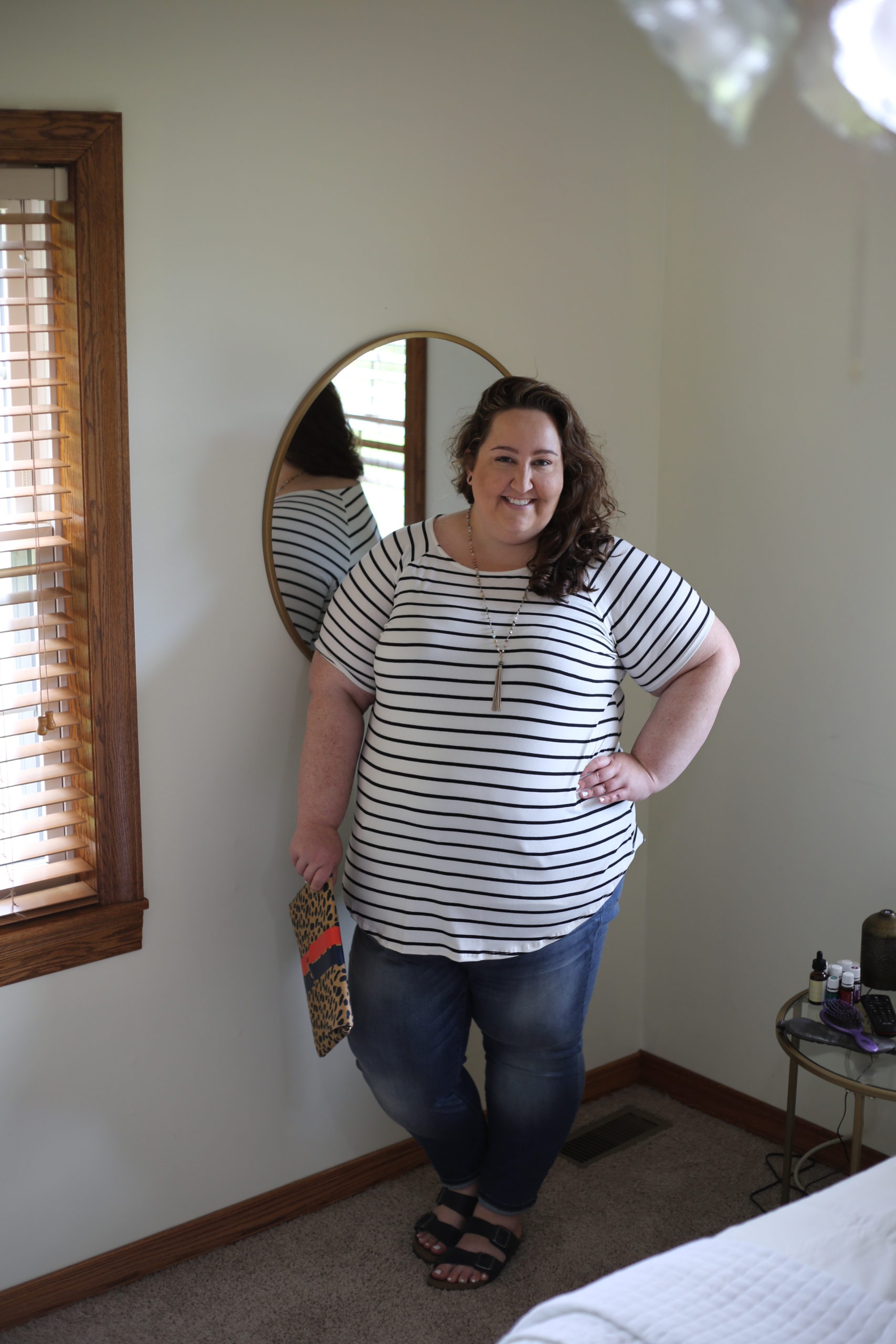 plus size style, striped tunic, jeans, Birkenstocks, the wandering willow boutique