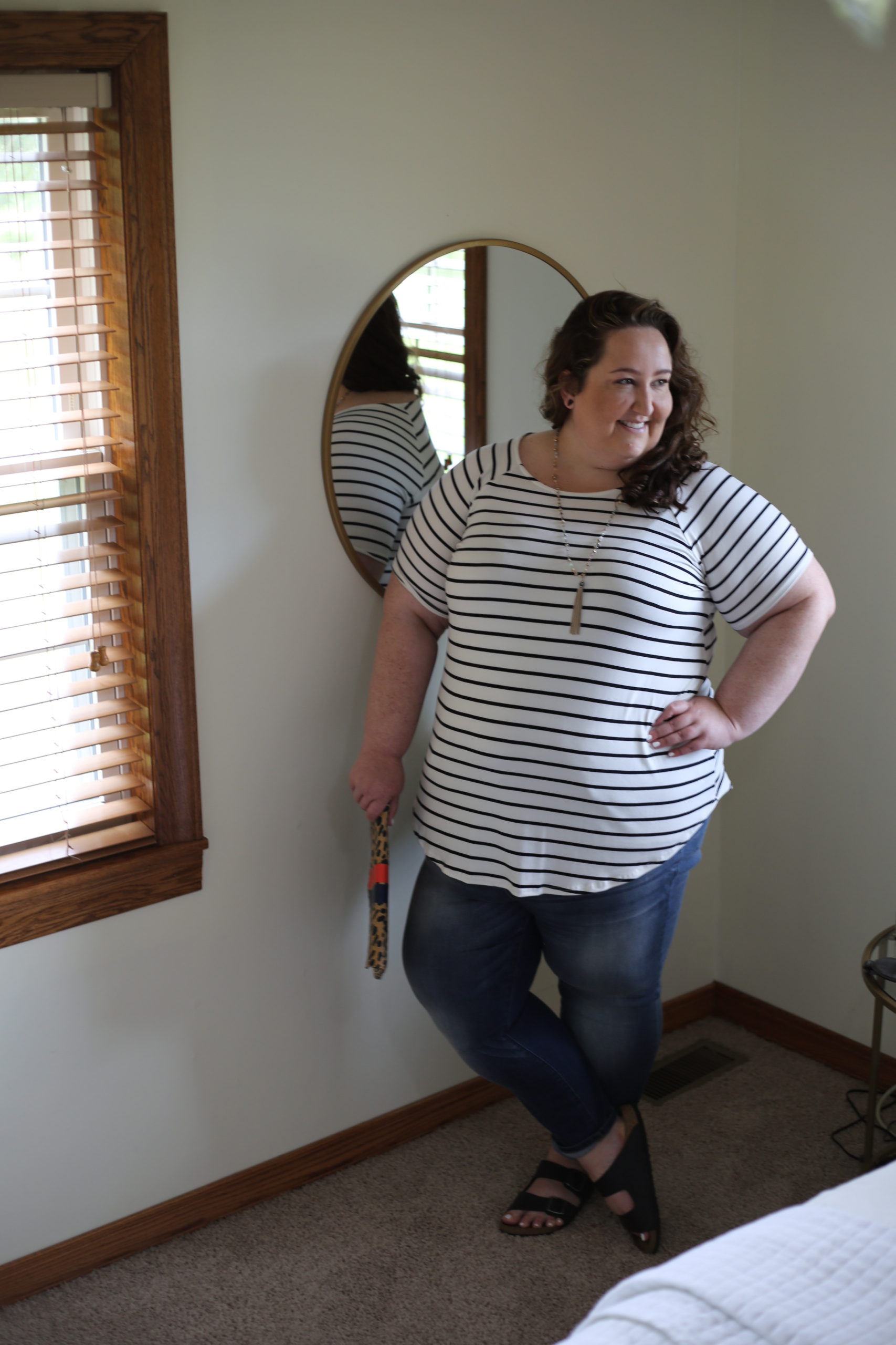 plus size style, striped tunic, jeans, Birkenstocks, the wandering willow boutique